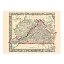 Load image into Gallery viewer, Digitally Restored and Enhanced 1863 Virginia and West Virginia Map - Vintage Map of Virginia Poster and West Virginia Wall Map - Old County Map of Virginia and West Virginia