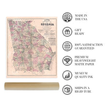 Load image into Gallery viewer, Digitally Restored and Enhanced 1864 Map of Georgia Poster - Vintage Map of Georgia Wall Art - Vintage Georgia Map Showing Counties, Railways, Stations, Villages, Mills - Georgia State Wall Map
