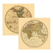 Cargar imagen en el visor de la galería, 1786 Arte de la pared del mapa del mundo del hemisferio oriental y occidental - Cada uno de los mapas vintage del hemisferio oriental y occidental del mundo - Impresión del póster del mapa del viejo mundo (Combo)