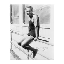 Load image into Gallery viewer, Digitally Restored and Enhanced 1929 Unframed Duke Kahanamoku Sitting on Railing Print Photo - Vintage Olympic Swimmer Duke Kahanamoku Poster Wall Art