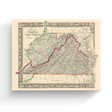 Cargar imagen en el visor de la galería, Digitally Restored and Enhanced 1863 Virginia & West Virginia Map Canvas - Canvas Wrap Vintage Virginia Wall Map History - Old West Virginia Wall Art