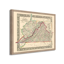 Cargar imagen en el visor de la galería, Digitally Restored and Enhanced 1863 Virginia & West Virginia Map - Framed Vintage Virginia Wall Map - Old West Virginia Wall Art