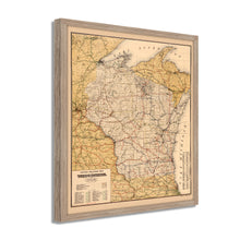 Cargar imagen en el visor de la galería, Digitally Restored and Enhanced 1900 Wisconsin Map Poster - Framed Vintage Wisconsin Wall Art - Old Railroad Map of Wisconsin Poster