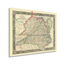 Load image into Gallery viewer, Digitally Restored and Enhanced 1860 County Map of Virginia and North Carolina - Virginia County Map Poster - Old Wall Map of North Carolina County