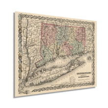 Load image into Gallery viewer, Digitally Restored and Enhanced 1859 Connecticut State Map with Portions of New York & Rhode Island - Vintage Map of Connecticut Wall Art - Old Map of CT - Connecticut Map Poster Decor