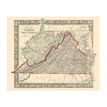 Load image into Gallery viewer, Digitally Restored and Enhanced 1863 Virginia and West Virginia Map - Vintage Map of Virginia Poster and West Virginia Wall Map - Old County Map of Virginia and West Virginia