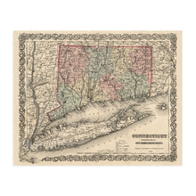 Load image into Gallery viewer, Digitally Restored and Enhanced 1859 Connecticut State Map with Portions of New York & Rhode Island - Vintage Map of Connecticut Wall Art - Old Map of CT - Connecticut Map Poster Decor