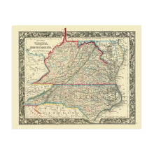 Load image into Gallery viewer, Digitally Restored and Enhanced 1860 County Map of Virginia and North Carolina - Virginia County Map Poster - Old Wall Map of North Carolina County