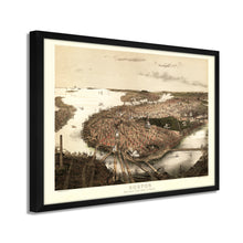 Cargar imagen en el visor de la galería, Digitally Restored and Enhanced 1877 Boston Map Poster - Framed Vintage Boston Poster - Old Map of Boston Wall Art - Bird's Eye View of Boston Massachusetts Map From The North