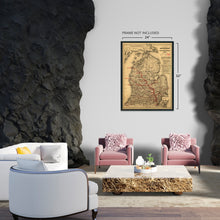 Load image into Gallery viewer, Digitally Restored and Enhanced 1886 State of Michigan Map - Vintage Map of Michigan Wall Art showing the Toledo, Ann Arbor & North Michigan Railway - Vintage Michigan Map Poster