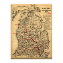 Load image into Gallery viewer, Digitally Restored and Enhanced 1886 State of Michigan Map - Vintage Map of Michigan Wall Art showing the Toledo, Ann Arbor & North Michigan Railway - Vintage Michigan Map Poster