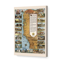 Load image into Gallery viewer, Digitally Restored and Enhanced 1949 California Map Canvas - Canvas Wrap Vintage Map of California Missions - Old California Wall Art - Historic California Wall Map - Restored California Missions Map