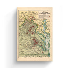 Load image into Gallery viewer, Digitally Restored and Enhanced 1912 Virginia Map Canvas - Canvas Wrap Vintage Virginia Wall Map - Restored Virginia State Map - Map of Virginia Wall Art Showing Location of Battles in Civil War