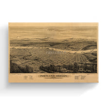 Load image into Gallery viewer, Digitally Restored and Enhanced 1879 Portland Oregon Canvas -Canvas Wrap Vintage Map of Portland City Wall Art - Old Portland Map - Bird's Eye View of Portland Oregon Map Showing Points of Interest