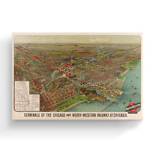 Load image into Gallery viewer, Digitally Restored and Enhanced 1902 Chicago Map Canvas Art - Canvas Wrap Vintage Chicago Map Wall Art - Historic Chicago Map Poster - Old Terminals of Chicago & North-Western Railway Map