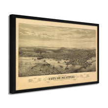 Load image into Gallery viewer, Digitally Restored and Enhanced 1878 Seattle Map Poster - Framed Vintage Map of Seattle Wall Art - Old Seattle Wall Map - Bird's Eye View of Seattle Puget Sound Washington Territory