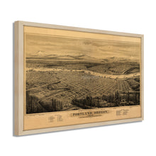 Cargar imagen en el visor de la galería, Digitally Restored and Enhanced 1879 Portland Oregon Map Print - Framed Vintage Portland Map - Old Bird's Eye View of Map of Portland City Wall Art Indexed for Points of Interest