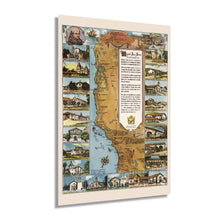 Load image into Gallery viewer, Digitally Restored and Enhanced 1949 California Missions Trail Map - California Missions Map Illustrating 21 Spanish Mission Buildings - Junipero Serra - California History Wall Art Poster Print