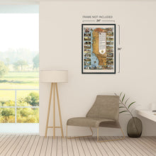 Load image into Gallery viewer, Digitally Restored and Enhanced 1949 California Missions Trail Map - California Missions Map Illustrating 21 Spanish Mission Buildings - Junipero Serra - California History Wall Art Poster Print
