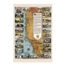 Load image into Gallery viewer, Digitally Restored and Enhanced 1949 California Missions Trail Map - California Missions Map Illustrating 21 Spanish Mission Buildings - Junipero Serra - California History Wall Art Poster Print