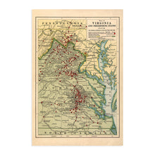 Load image into Gallery viewer, Digitally Restored and Enhanced 1912 American Civil War Battle Map - Vintage Map of Virginia and Neighboring States Showing Civil War Battle Locations 1861-1865 - US Civil War Map Poster Print
