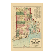 Load image into Gallery viewer, Digitally Restored and Enhanced 1880 Rhode Island State Map - Vintage Map of Rhode Island Wall Art Decor - Map of Rhode Island and Providence Plantations Poster with 1875 1880 Population Census