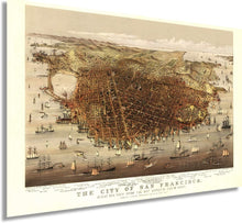 Load image into Gallery viewer, Digitally Restored and Enhanced 1878 City of San Francisco Map Art - Vintage Map of San Francisco - Birds Eye View from the Bay looking Southwest - San Francisco Map Poster - Bay Area Map Poster