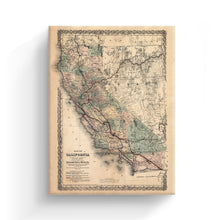 Load image into Gallery viewer, Digitally Restored and Enhanced 1876 California Map Poster - Canvas Art - 18x24x1.5 Inch Canvas Wrap Vintage Poster Map of California Wall Art - History Map of California Poster - Old Southern Pacific Railroad California Map
