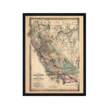 Cargar imagen en el visor de la galería, Digitally Restored and Enhanced 1876 California Map Poster - Framed Vintage California Wall Art - History Map of California Poster - Framed California Map Showing Southern Pacific Railroad