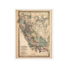 Cargar imagen en el visor de la galería, Digitally Restored and Enhanced 1876 California Map Poster - Framed Vintage California Wall Art - History Map of California Poster - Framed California Map Showing Southern Pacific Railroad