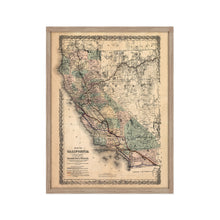 Cargar imagen en el visor de la galería, Digitally Restored and Enhanced 1876 California Map Poster - Framed Vintage California Wall Art - History Map of California Poster - Framed California Map Showing Southern Pacific Railroad