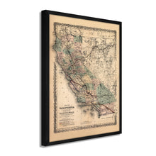 Cargar imagen en el visor de la galería, Digitally Restored and Enhanced 1876 California Map Poster - Framed Vintage California Wall Art - History Map of California Poster - Framed California Map Showing Southern Pacific Railroad