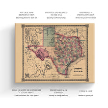 Load image into Gallery viewer, Digitally Restored and Enhanced 1866 Texas Map Canvas Art - Canvas Wrap Vintage Texas Map Wall Art - Restored State of Texas Map - Schonberg's Poster Map of Texas Wall Art - Old Texas Map