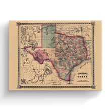Load image into Gallery viewer, Digitally Restored and Enhanced 1866 Texas Map Canvas Art - Canvas Wrap Vintage Texas Map Wall Art - Restored State of Texas Map - Schonberg's Poster Map of Texas Wall Art - Old Texas Map