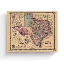 Load image into Gallery viewer, Digitally Restored and Enhanced 1866 Texas Map Canvas Art - Canvas Wrap Vintage Texas Map Wall Art - Restored State of Texas Map - Schonberg's Poster Map of Texas Wall Art - Old Texas Map