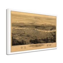 Cargar imagen en el visor de la galería, Digitally Restored and Enhanced 1879 Portland Oregon Map Print - Framed Vintage Portland Map - Old Bird's Eye View of Map of Portland City Wall Art Indexed for Points of Interest