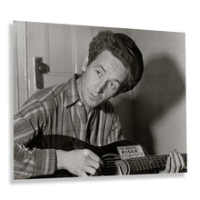 Cargar imagen en el visor de la galería, Digitally Restored and Enhanced 1943 Woody Guthrie Photo Print - Vintage Portrait Photo of Woody Guthrie Playing Guitar - Woody Guthrie Old Poster Photo
