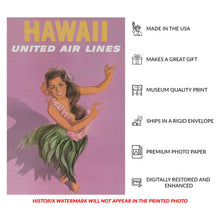 Load image into Gallery viewer, Digitally Restored and Enhanced 1960 Hawaii United Air Lines Travel Poster - Hawaiian Hula Dancer - Mid-Century Pacific Aviation - Archival Print
