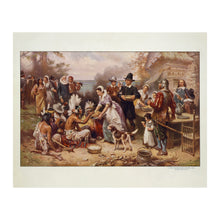 Load image into Gallery viewer, Digitally Restored and Enhanced 1932 First Thanksgiving Print - Pilgrims Wampanoag Plymouth 1621 - Colonial America Harvest Feast - Archival Print
