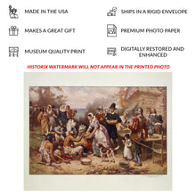 Load image into Gallery viewer, Digitally Restored and Enhanced 1932 First Thanksgiving Print - Pilgrims Wampanoag Plymouth 1621 - Colonial America Harvest Feast - Archival Print
