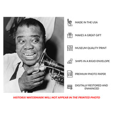 Cargar imagen en el visor de la galería, Digitally Restored and Enhanced 1953 Louis Armstrong Print - Satchmo Jazz Trumpet Portrait - New Orleans Jazz Legend Ambassador - Archival Print
