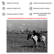 Load image into Gallery viewer, Digitally Restored and Enhanced 1945 Dallas Texas Skyline Print - Cowboy Cattle Western Cityscape - WWII Era Frontier Meets City - Archival Print

