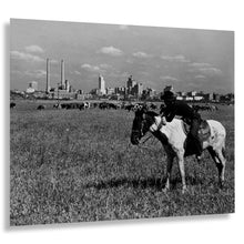 Load image into Gallery viewer, Digitally Restored and Enhanced 1945 Dallas Texas Skyline Print - Cowboy Cattle Western Cityscape - WWII Era Frontier Meets City - Archival Print
