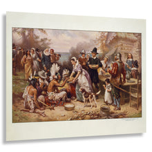 Load image into Gallery viewer, Digitally Restored and Enhanced 1932 First Thanksgiving Print - Pilgrims Wampanoag Plymouth 1621 - Colonial America Harvest Feast - Archival Print
