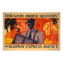Load image into Gallery viewer, Digitally Restored and Enhanced 1929 Railway Express Agency Poster - Good Order Delivery - Commercial Rail Shipping Advertising - Archival Print
