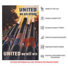 Cargar imagen en el visor de la galería, Digitally Restored and Enhanced 1943 United We Are Strong Poster - WWII Office of War Information - Home Front Unity Propaganda - Archival Print
