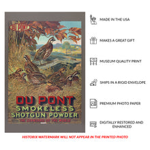 Cargar imagen en el visor de la galería, Digitally Restored and Enhanced 1913 Du Pont Shotgun Powder Print - Quail Hunting Lynn Bogue Hunt - Sporting Wildlife Advertising - Archival Print
