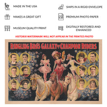Load image into Gallery viewer, Digitally Restored and Enhanced 1899 Ringling Bros Circus Poster Print - Champion Riders Equestrian Show - Gilded Age Entertainment - Archival Print
