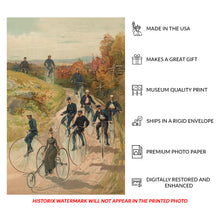 Load image into Gallery viewer, Digitally Restored and Enhanced 1887 Bicycling Print - Victorian High Wheel Tricycle Recreation - Gilded Age Cycling Sports - Archival Print
