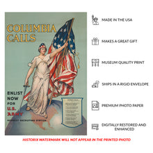 Load image into Gallery viewer, Digitally Restored and Enhanced 1916 Columbia Calls Poster - Enlist Now US Army WWI Recruitment - Pre-War Patriotic Propaganda - Archival Print
